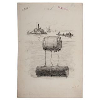 Fishing Torpedoes Out of the Potomac, Pen and Ink Sketch by Alfred R. Waud