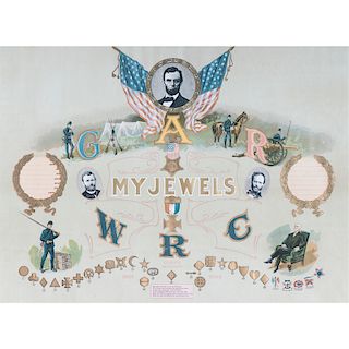 My Jewels, Rare GAR Chromolithograph Featuring Corps Badges and Abraham Lincoln
