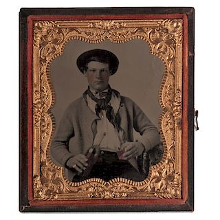 Sixth Plate Ruby Ambrotype of Man Pouring Glass of Whiskey