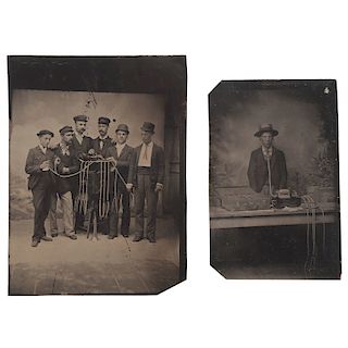 Pair of Rare Tintypes of Men Testing Edison's Phonograph