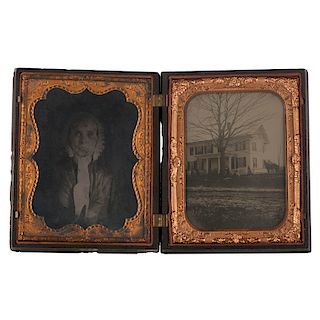 Half Plate American Country Life Union Case containing Outdoor Ambrotype of a Home