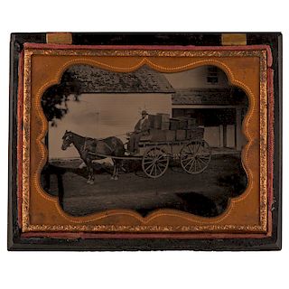 Fine Quarter Plate Ruby Ambrotype of a Delivery Cart and Driver