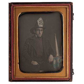 Remarkable Quarter Plate Daguerreotype of a Fireman and his Trumpet