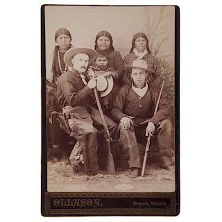 Ollason Studio Cabinet Card Featuring Cowboys in Full Dress with American Indian Women and Child