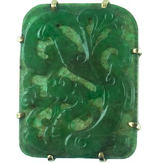 Carved Jade 14K Dragon Brooch Pin.