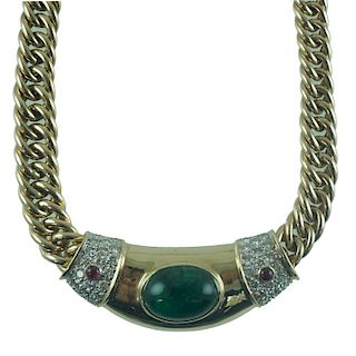 14K Diamond Ruby Emerald Slider Pendant Necklace.