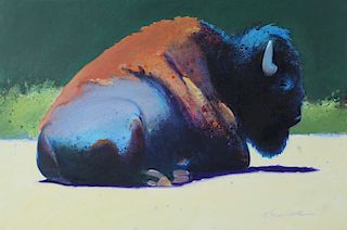 Robert Seabeck “Buffalo At Rest” Oil Painting