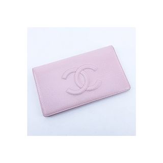 Chanel Pink Caviar Leather Front Logo Long Wallet. Interior with 8 slots, zippered change pocket. L