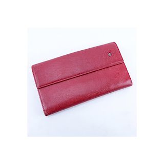 Chanel Red Small Grained Leather Flower Logo Long Wallet. Silver tone hardware, grey fabric interio
