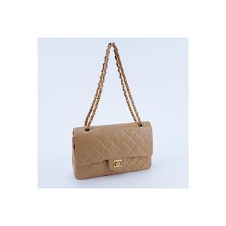 Chanel Dark Beige Quilted Leather Classic Double Flap 26 Handbag. Gold tone hardware, matching leat