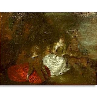 Attributed to: Antoine Watteau, French (1684 - 1721) Oil on Relined Canvas Conserved on Wood Panel 