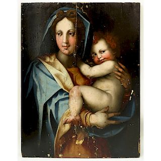 Large 16/17th Century Florentine School Oil on Panel, "Madonna and Child". Conserved condition, cra