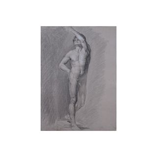 19th Century Italian Academic Graphite and Charcoal With White Highlights On Paper "Male Nude Study