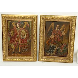 Pair of Cuzco School Oil on Canvas Paintings, Angel with Gun and San Gabriel, One Inscribed Lower R