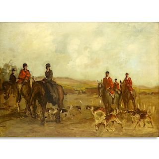 Antique Style Oil On Canvas "Preparing For The Hunt". Unsigned. Light surface stains. Measures 26" 