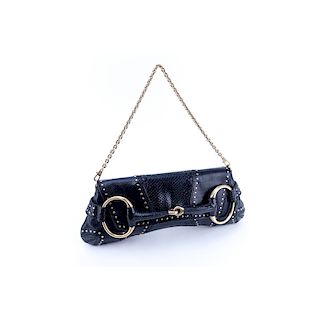 Gucci Black Snake Skin And Leather Horsebit 1921 Flap Handbag. Brushed gold hardware. Leather inter