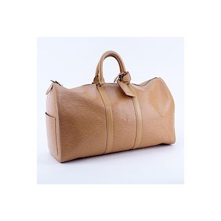 Louis Vuitton Light Beige Epi Leather Keepall Travel Bag. Golden brass hardware, beige leather inte