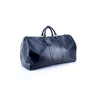 Louis Vuitton Black Epi Leather Keepall 60 Travel Bag. Golden brass hardware, leather interior, lug