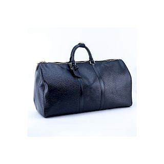 Louis Vuitton Black Epi Leather Keepall 55 Travel Bag. Golden brass hardware, leather interior, lug
