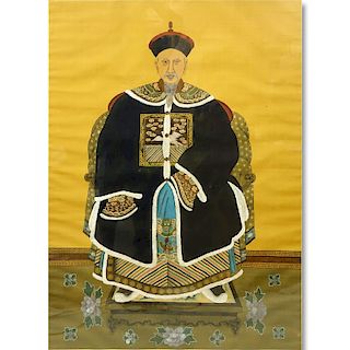 Large Antique Chinese Qing Dynasty Style Watercolor on Silk Scroll Painting, Seated Emperor. Water 