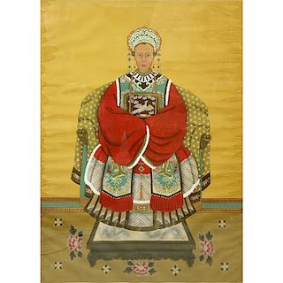 Large Antique Chinese Qing Dynasty Style Watercolor on Silk Scroll Painting, Seated Empress. Water 