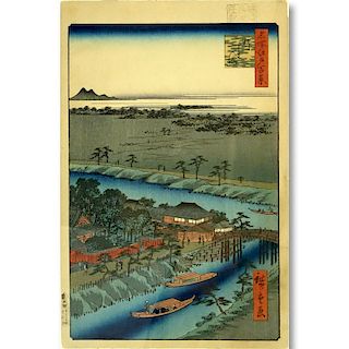 After: Utagawa Hiroshige, Japanese Color Woodblock Print, Landscape Scene with Bridge and Blue Rive