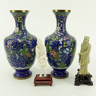Grouping of Four (4): Pair of Chinese Cloisonne Vases, Chinese Carved Ivory Figurine, and Chinese S