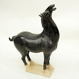 Chinese Tang Dynasty Style Pottery Sancai Horse. Crackle to glaze, rubbing. Measures 28" H x 20-1/2