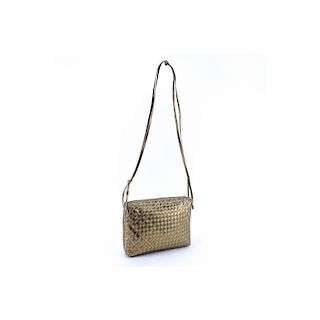 Bottega Veneta Gold Woven Shoulder Bag. Gold tone hardware, beige suede interior with zippered pock