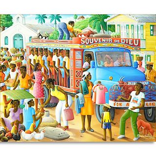 Andre Normil, Haitian (born 1934) Oil on Canvas, Busy Street Scene, Signed Lower Right. Artist info
