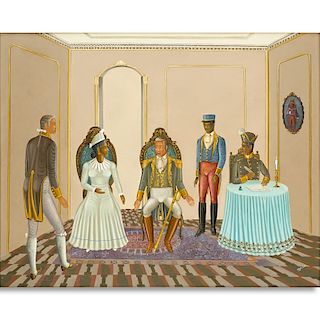 Serge Moleon Blaise, Haitian (born 1954) Oil on Canvas, Interior Scene with President Alexandre P