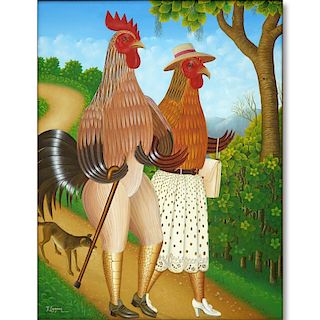 Fritzner Lamour, Haitian  (born 1948) Oil on Canvas, Bird Couple Holding Arms, Signed Lower Left. G