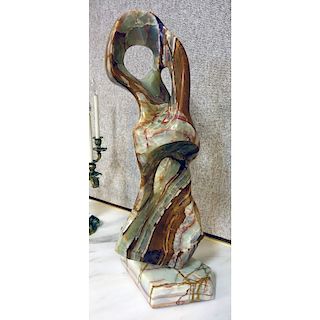 Large Carved Onyx Abstract-Free Form Sculpture on Matching Base Signed Bernie M. Good condition. Me