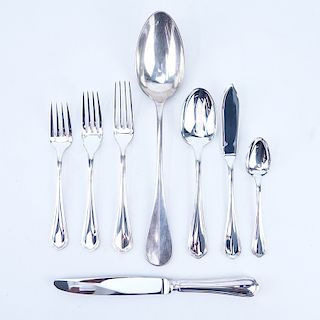 Eighty Five (85) Piece Christofle "Spatours" Silver Plate Flatware with Associated Serving Spoon. I