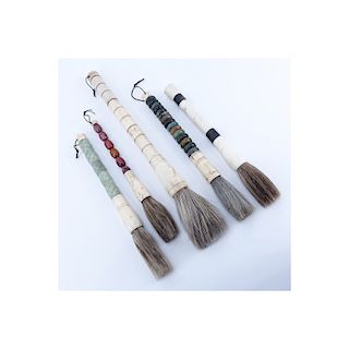 Grouping of Five (5) Antique Chinese Calligraphy Brushes with Bone, Jade, or Carnelian as Handles. 