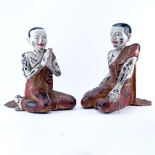 Pair of Large Burmese Polychrome Wood and Glass Beaded Buddhist Sculptures. Typical age splits, rub