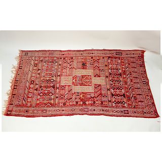 Semi Antique Moroccan Hand Knotted Tribal Rug. Wear to fringes, normal discoloration. Measures 96" 