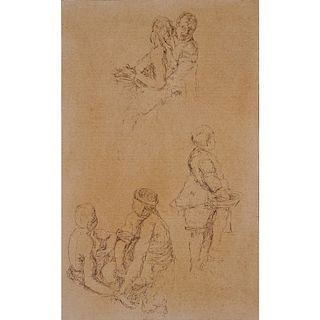 18/19th Century Old Master Drawing In Ink On Brown Paper "Study Of Six Figures". Unsigned. Good con