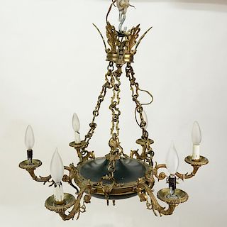 19/20th Century Empire Style Six-Light Gilt Brass and Tole Chandelier.  Rubbing to gilt, losses to 