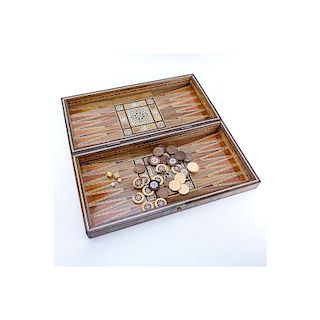 Early Persian Mosaic Wood and Mother of Pearl Inlaid Backgammon Case with Game Pieces. Typical rubb