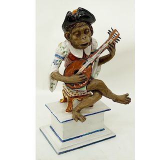 Italian Faience Pottery Figurine, Monkey Musical Player. Signed and numbered to base. Small repair 