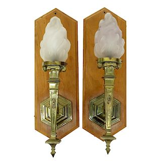 Pair of Bronze Wall Sconces with Frosted Glass Shade, Mounted on Wood Backing. Spotting and rubbing