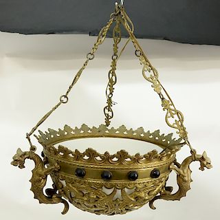 Antique Gothic Style Figural Gilt Bronze Dome Chandelier with Applied Glass Beads. Rubbing to gilt,
