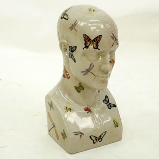 Large French Style Faience Bust of a Male Figure with Insects Motif. Unsigned. Crackle to glaze, sp