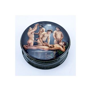 Russian Three (3) Part Lacquered Box with Painted Heteroerotic Scene to Top and Homoerotic Scene On