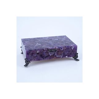 Vintage Amethyst Hinged Covered Box with 800 Silver Claw Feet. Stamped. Repairs to feet, teetering.