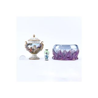 Grouping of Four (4): Mid Century Art Glass Bowl, Lalique Crystal Paperweight, Antique Miniature Ja