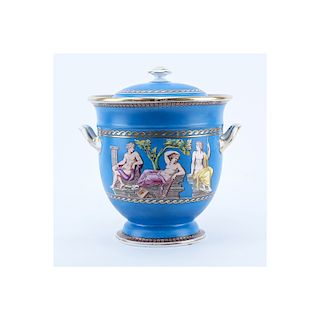 Antique Minton Turquoise and Gilt Handled Covered Tureen. Impressed mark to base. Neoclassical scen
