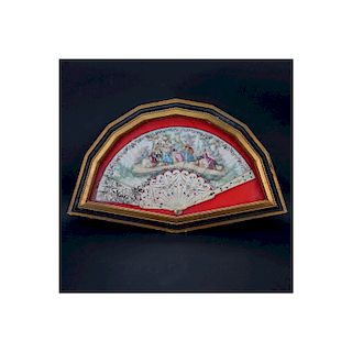Antique Victorian Hand Painted Silk and Bone Fan Mounted in Shadowbox Frame. Condition consistent w