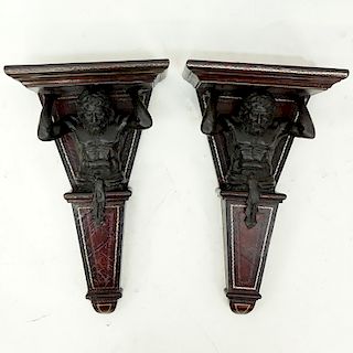 Pair of Renaissance Style, Figural Bronze and Textured Wood Wall Brackets. Nicks and rubbing, crack